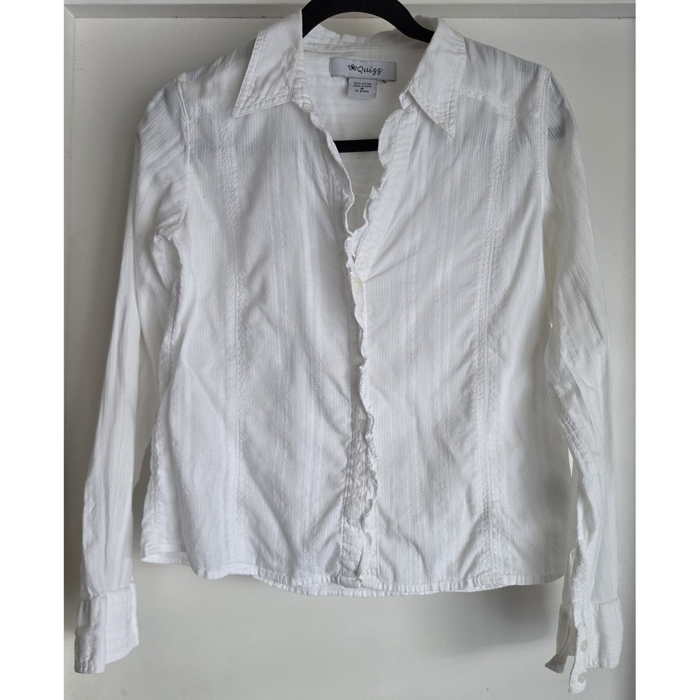 Quizz Women Button-Down Shirt M White Textured Cotton Long Sleeve Ruffle L